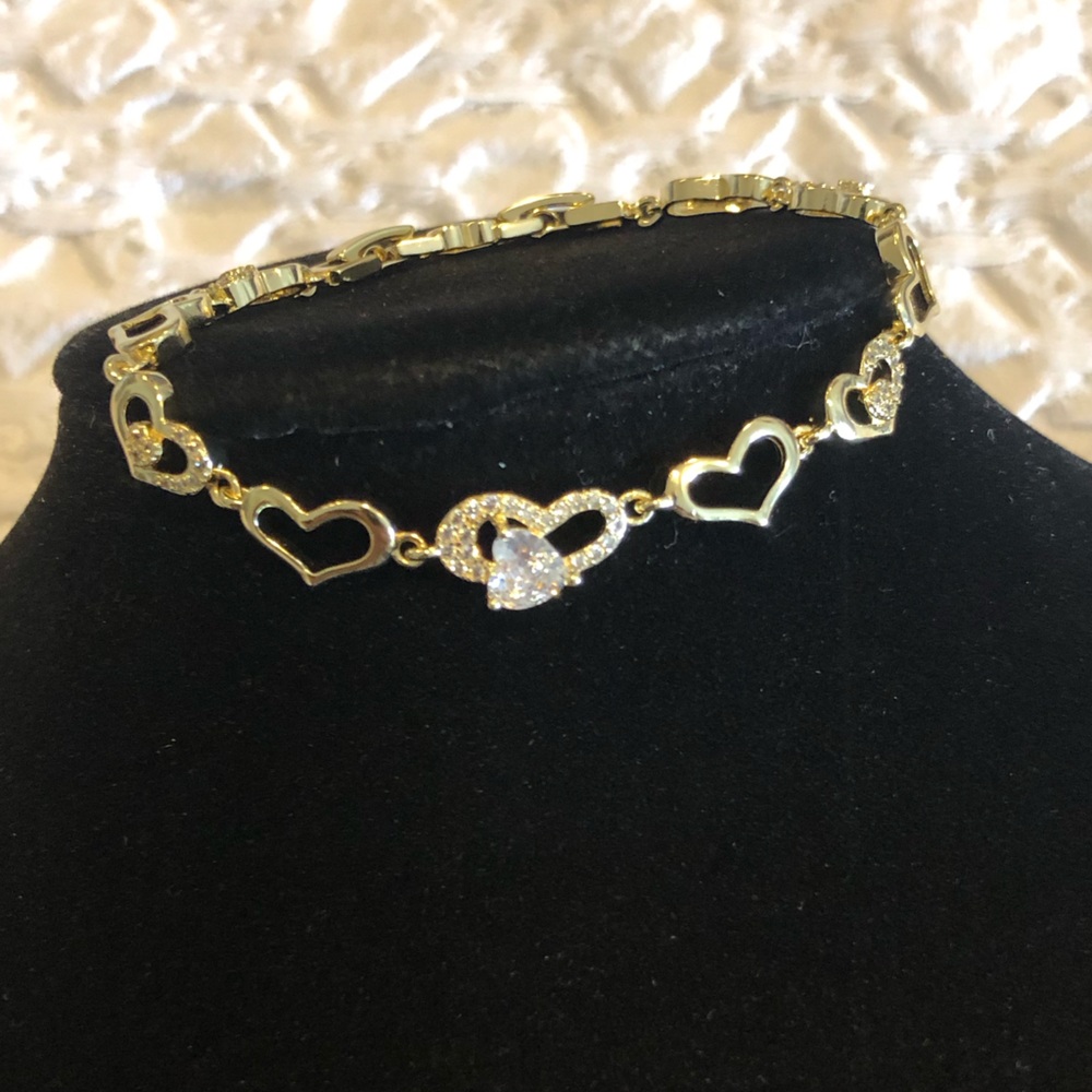 Gold Heart Link Bracelet with CZ Gemstones